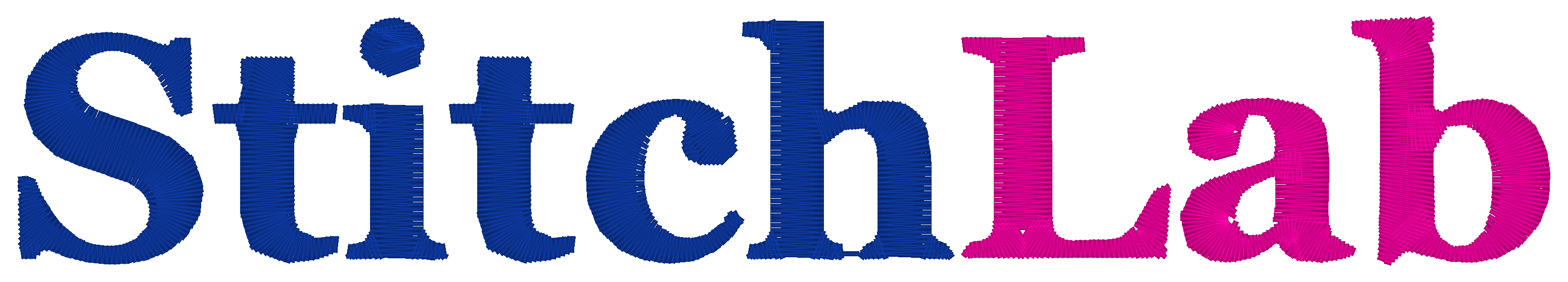 The word StitchLab sewn as satin-stitch lettering, Stitch in navy thread and Lab in magenta